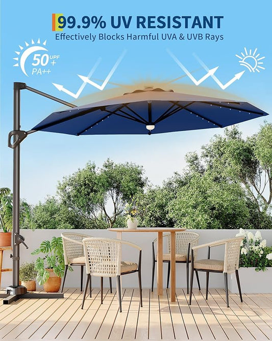GarveeLife 10FT Patio Umbrella Outdoor Solar LED Large Cantilever Umbrella Market Sun Shade Windproof Offset Umbrella with 360-Degree Rotation for Garden Deck Pool Patio