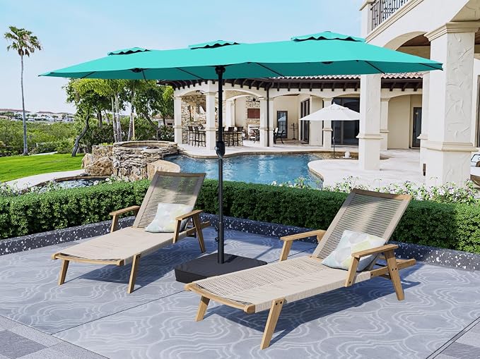 15ft Patio Umbrella with Base, 10-Year-No-Fade Large Outdoor Double-Sided Market Umbrella with UPF50+Terylene Polyester Fabric and Crank for Poolside Garden Deck Backyard Beach Pools