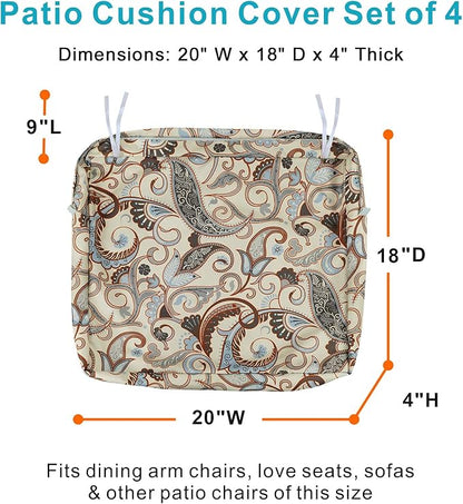 NettyPro Patio Furniture Cushion Covers Replacement Set 4 Water Repellent UV Resistant Outdoor Chair Seat Cushion Slipcover with Zipper and Tie, Replacement Cover Only, 20 x 18 x 4 Inch