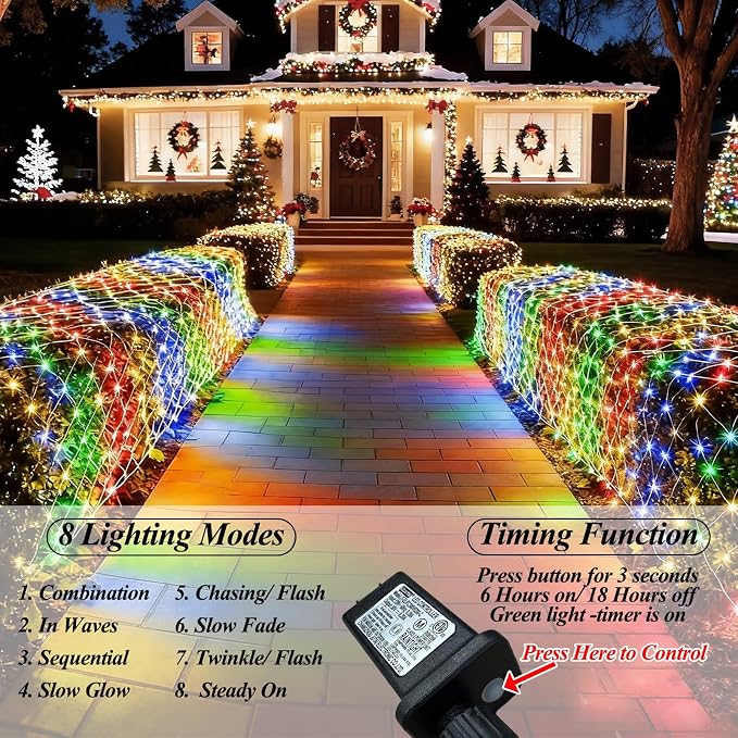 300 LED Net Lights for Bushes, 14.8ft x 5ft 8 Modes Christmas Outdoor Mesh Lights Connectable, Waterproof Decorative String Lights Plug in for Xmas Tree Garden Wedding Party (Clear Wire, Mulitcolor)