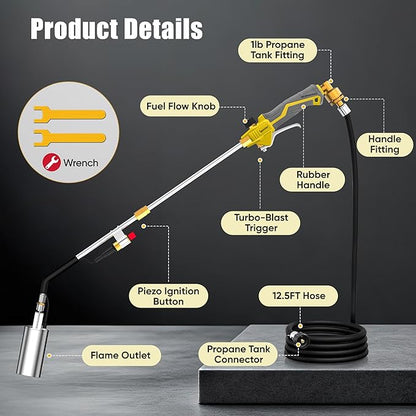Propane Torch Weed Torch Burner Heavy Duty-340,000 BTU Weed Burner with 2 Extension Modes, Piezo Trigger(Self Igniting)&12.5ft Hose, Multi-Fuel Compatible(1lb-100lb) for Weeds, Ice Melting