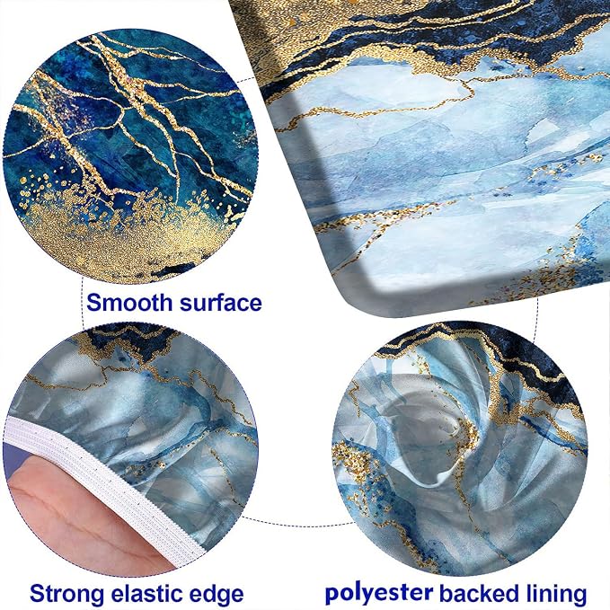 Marble Picnic Table Cover with Bench Covers, 3 Pieces Set, Blue Golden Marble Texture Elastic Fitted Rectangle Tablecloths, 72x28 Inch, Great for Picnic Party Outdoor Patio Camping Use