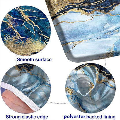 Marble Picnic Table Cover with Bench Covers, 3 Pieces Set, Blue Golden Marble Texture Elastic Fitted Rectangle Tablecloths, 72x28 Inch, Great for Picnic Party Outdoor Patio Camping Use