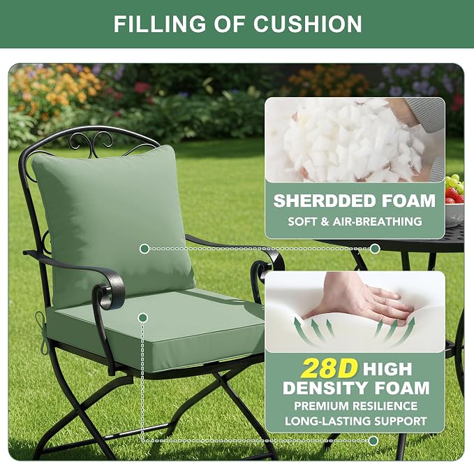 Summsun Outdoor Chair Cushions Set of 2, 22 x 22 Inch, Sage Green | Double-Sided Water Resistant, Removable Cover, Back Pillow & Seat Cushion, Tie Straps, Fit for Patio, Garden, Sofa Couch