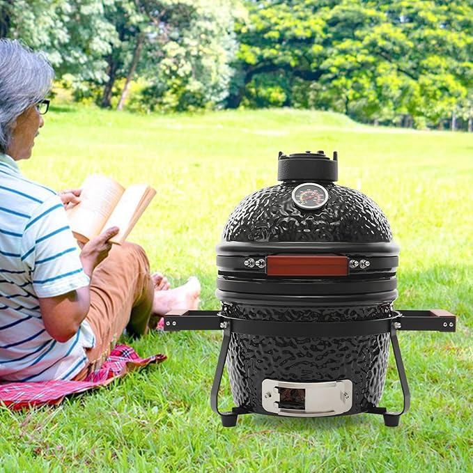13 Inch Ceramic Charcoal Grill,Portable Charcoal Grill, Outdoor Patio Backyard Cooking, Movable Ceramic Barbecue Grill with Temperature Gauge