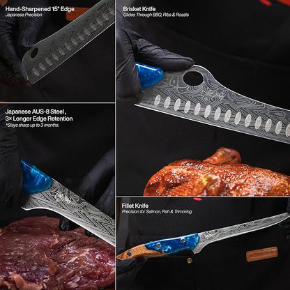 Jikko® SteelFang Edition – Japanese Brisket & Fillet Knife Set with Olive Wood & Blue Epoxy Resin Handles | Premium Butcher & Carving Knives for Meat, BBQ & Fish – Ultra Sharp Stainless Steel Blades