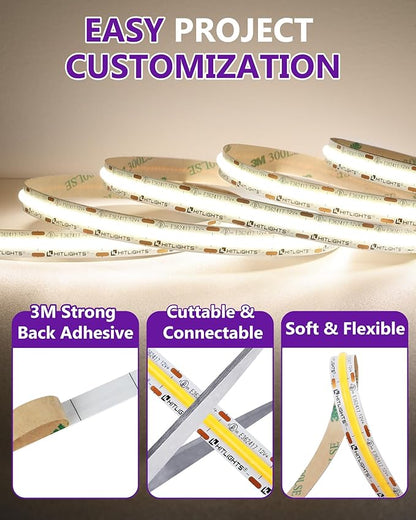 HitLights White COB LED Strip Lights 4000K, 12V Tape Light 16.4ft, 2640 LEDs, 426 lm/ft, CRI 90+, IP30, Premium High Density Lighting for Kitchen, Cabinets, Room, UL Listed(Power Source Not Included)