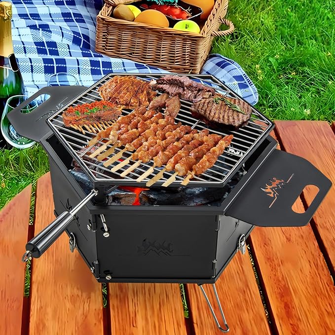 HAPPYGRILL Portable Charcoal Grill Stove, Outdoor Hibachi Grill Smoker w/ 360° Rotatable Grill, Foldable Body & Legs, Heavy-duty BBQ Grill w/Handles for Cooking & Heating