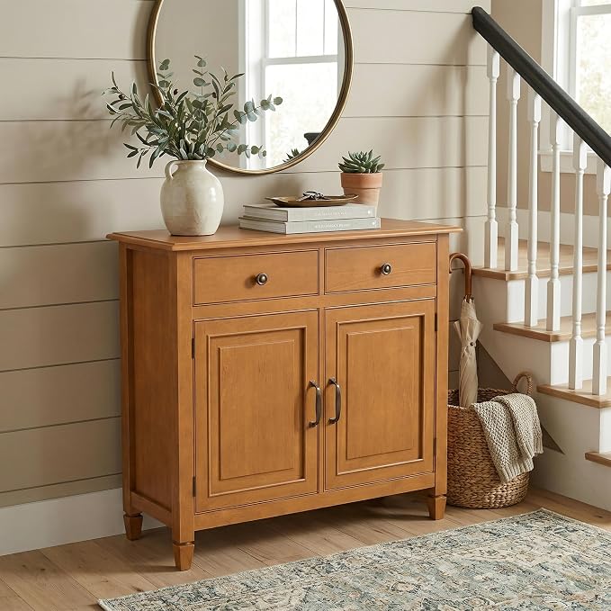 SIMPLIHOME Connaught 40" Solid Wood Cabinet in Light Golden Brown | Traditional slim entryway and living room organizer for hats, gloves, shoes and keys with space-saving storage design.