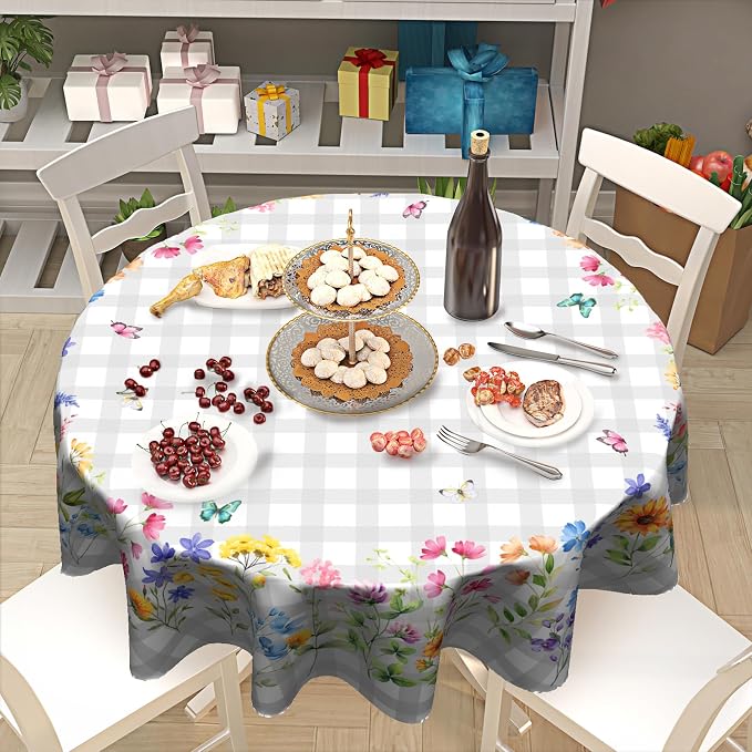 Sweetshow Spring Colorful Floral Table Cloth Round White Grey Buffalo Plaids Wildflower Butterflies Tablecloth 60 Inch Decor Washable Stain and Wrinkle Summer Round Table Cover for Dining Picnic