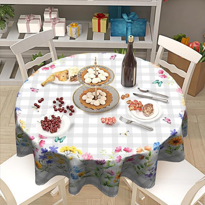 Sweetshow Spring Colorful Floral Table Cloth Round White Grey Buffalo Plaids Wildflower Butterflies Tablecloth 60 Inch Decor Washable Stain and Wrinkle Summer Round Table Cover for Dining Picnic