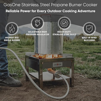 GasOne Stainless Steel Propane Burner Cooker With Regulator with Steel Braided Hose For Outdoor Cooking, Turkey Fry