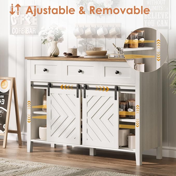 CABIHOME Farmhouse 47.2'' Buffet Cabinet with Sliding Barn Door, 33.4'' Tall Wood Rustic Sideboard with 3 Drawer, Adjustable Shelf and Removable Wine Rack for Dining Room, Kitchen, Living Room, White