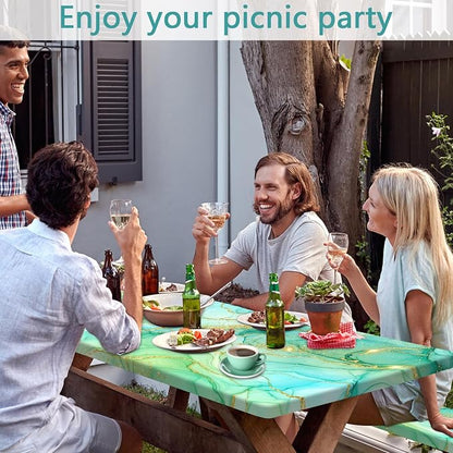 Marble Picnic Table Cover with Bench Covers 6FT, Camping Essentials, Teal Turquoise Gold Waterproof Windproof Oilproof, Fitted Tablecloth Cover with Elastic Edge for Outdoor Garden 3 PCS 30x96 Inch