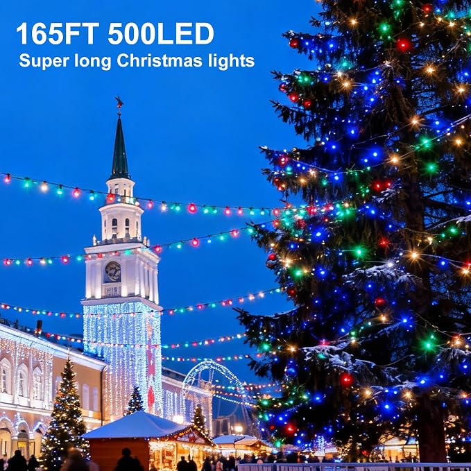 Multicolor Christmas Fairy String Lights, 165FT 500L Indoor Outdoor | 8 Modes with Memory, IP65 Waterproof, Clear Wire, Tangle-Free Design for Classroom Bedroom Camping window Party wedding Decor