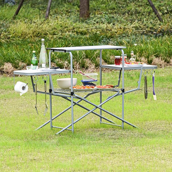 GIANTEX Folding Grill Table with 26'' Main Tabletop, Portable Aluminum Camping Table, Carrying Bag, Quick Set-up, Outdoor Camping Kitchen Food Prep Station for Picnic Tailgating RVing Backyard