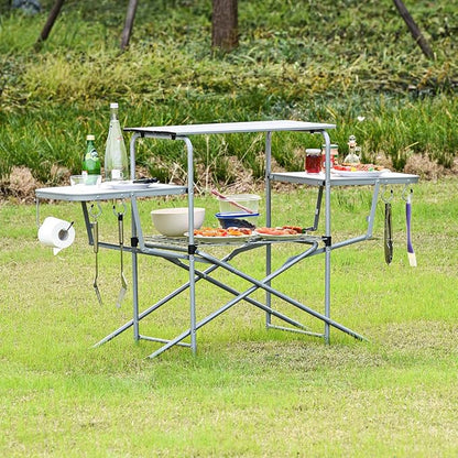 GIANTEX Folding Grill Table with 26'' Main Tabletop, Portable Aluminum Camping Table, Carrying Bag, Quick Set-up, Outdoor Camping Kitchen Food Prep Station for Picnic Tailgating RVing Backyard