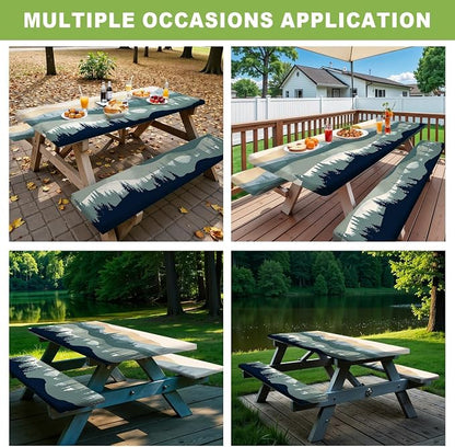 FOREVER QUEEN Picnic Table Cover with Bench Covers 72in,Waterproof Windproof Fitted Tablecloth,Mountain Forest Landscape Print Camping Essentials with Drawstring Bag for Patio,Park & Backyard