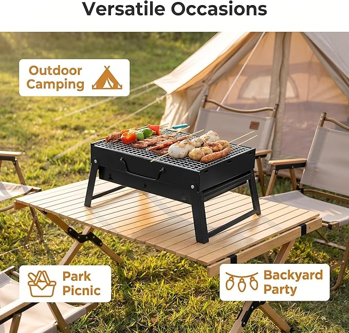 Foldable Small Portable Charcoal Grill, Mini BBQ Grill Tabletop Charcoal Grill, Compact Camping Grill for Outdoor Picnic Backyard, Reusable Alternative to Disposable Grills