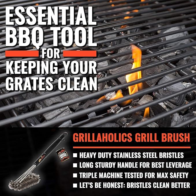 Grillaholics Essentials Stainless Steel Grill Brush + Vegetable Grilling Basket + Nonstick Grill Mat Bundle
