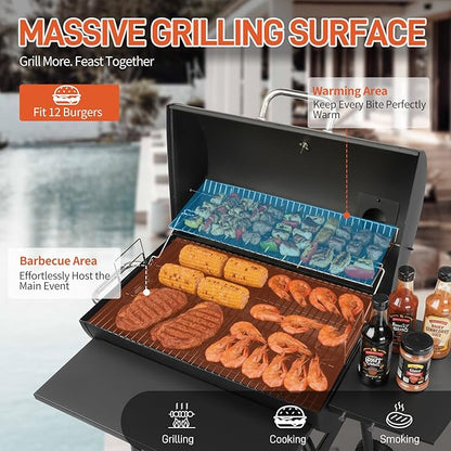 VINGLI Upgraded Barrel Charcoal Grill with Side Front Tables, Adjustable Charcoal Tray BBQ Grill Outdoor Smoker Grill with Wheels for Party Garden Patio and Backyard Cooking 39''D × 24''W × 46''H