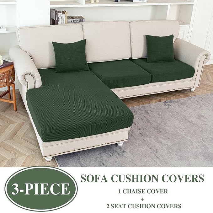 LA MEACK Couch Cushion Covers for Sectional Sofa L Shape Washable Separate Seat Chaise Couch Cover Stretch Sofa Slipcovers with 2 Pcs Pillowcases(2 Seater + 1 Chaise, Green)