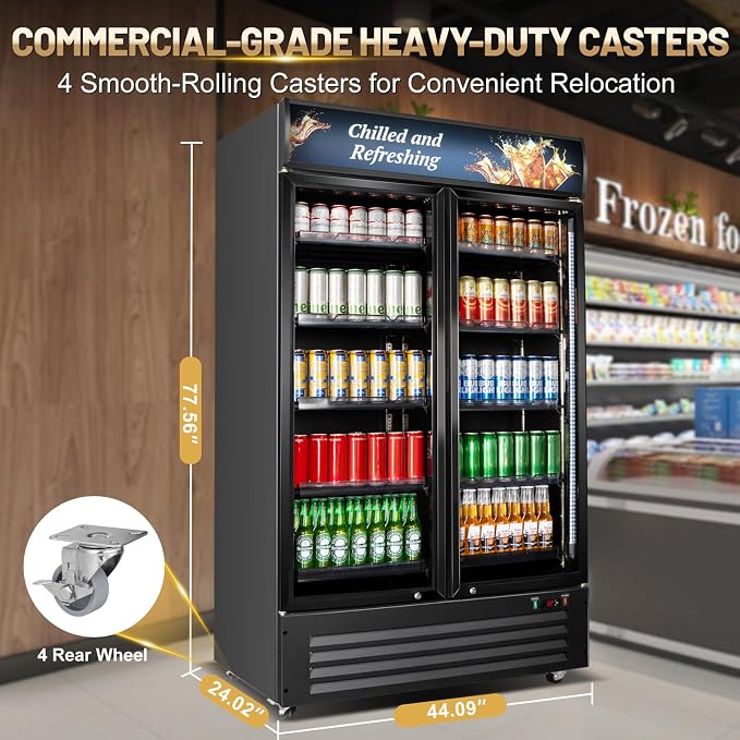 Velivi Commercial Beverage Refrigerator, Double Glass Door Display Cooler, Upright Drink Merchandiser with LED Lighting, Auto Closing Doors
