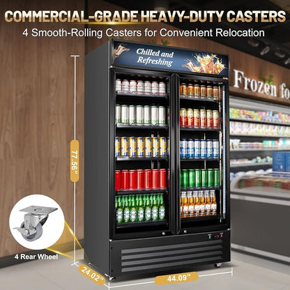 Velivi Commercial Beverage Refrigerator, Double Glass Door Display Cooler, Upright Drink Merchandiser with LED Lighting, Auto Closing Doors