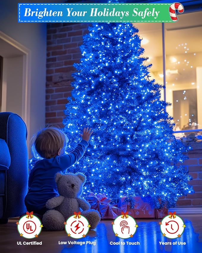 125FT 380LED Blue Christmas Lights, Extra Long Outdoor String Lights Waterproof, Timer & Memory, 8 Modes Dimmable Plug in Fairy Lights for Outside Tree Wedding Patry Holiday Decorations