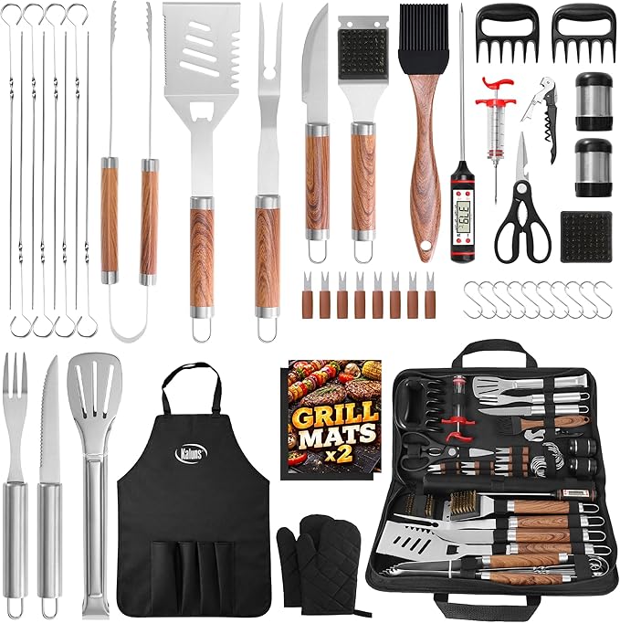 Kaluns 50PC BBQ Grill Tools Set – Heavy Duty Stainless Steel Grill Accessories Kit with Case, Apron, Hooks, Thermometer, Injector, Claws & Mats – Fathers Day Gift for Dad, Men