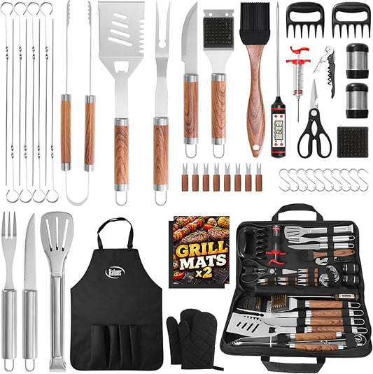 Kaluns 50PC BBQ Grill Tools Set – Heavy Duty Stainless Steel Grill Accessories Kit with Case, Apron, Hooks, Thermometer, Injector, Claws & Mats – Fathers Day Gift for Dad, Men