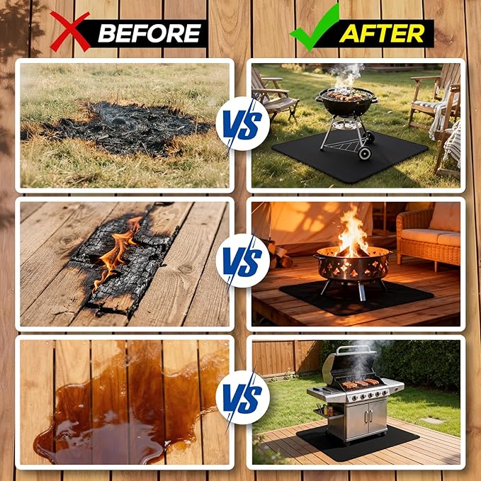 FLASLD Heavy-Duty Under Grill Mat 42inch Square Fire Pit Mat,3 Layers Fireproof Waterproof Grill Pads Protect for Deck,Patio,Outdoor Charcoal,Smokers,Wood Floor,Indoor Black Fireplace Reusable