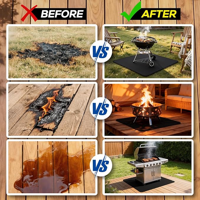 FLASLD Heavy-Duty Under Grill Mat 59inch Square Fire Pit Mat,3 Layers Fireproof Waterproof Grill Pads Protect for Deck,Patio,Outdoor Charcoal,Smokers,Wood Floor,Indoor Black Fireplace Mat Reusable