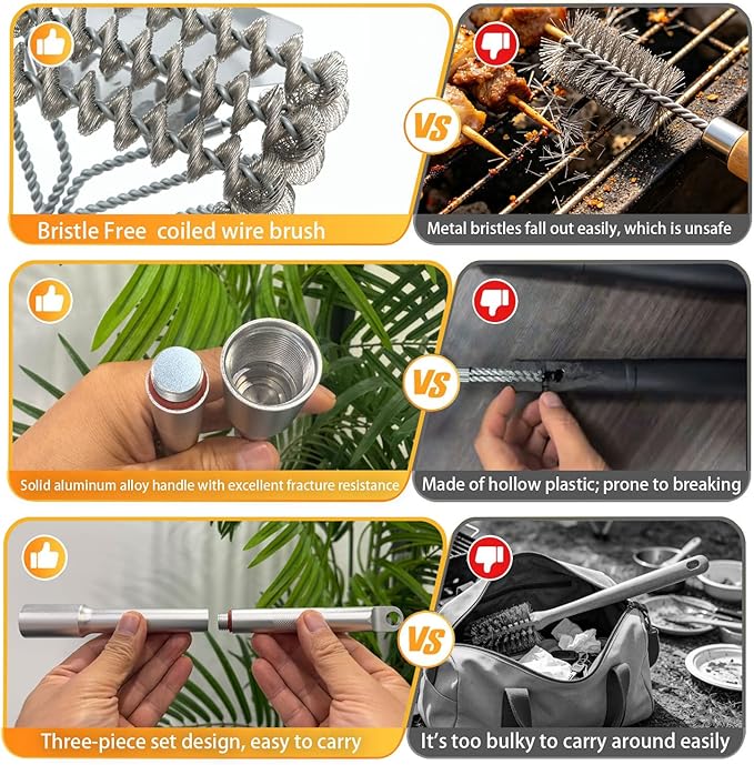 Stainless Steel BBQ Grill Brush with Detachable Aluminum Handle The Combination of the Coiled Wire Brush and the Sturdy Scraper, Bristle Free Detachable Design for Easy Storage