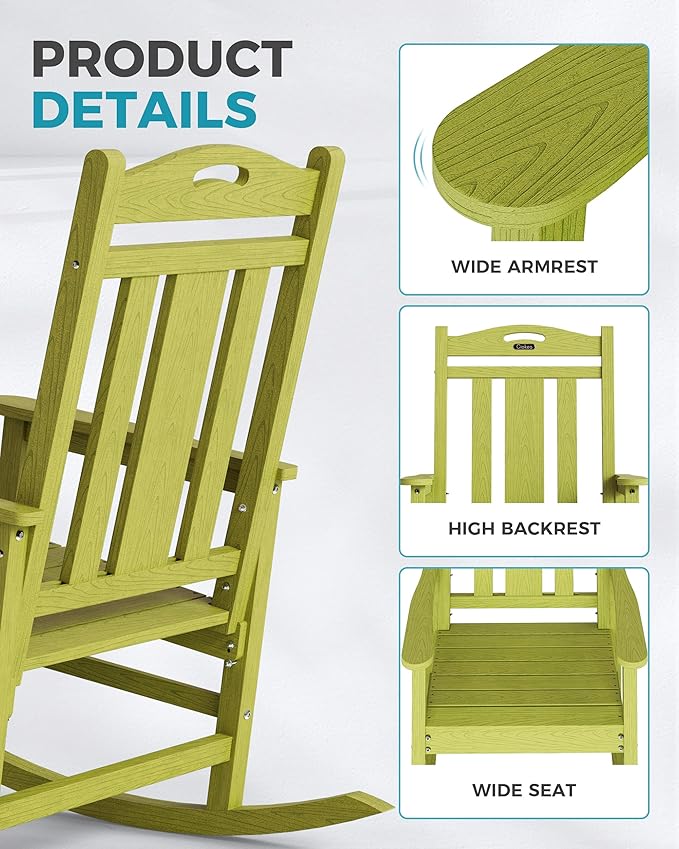 Ciokea Oversized Outdoor Rocking Chairs Set of 2, 380lbs Heavy-Duty Large Patio Rocker, High Back Cozy Porch Chairs, Weather Resistant Patio Rocking Chairs for Outside, Fire Pit, Deck, Lime Green