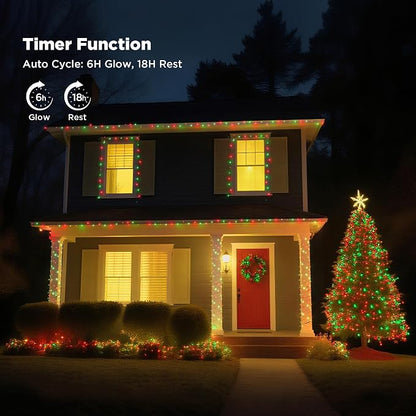 WBao Christmas Lights Indoor Outdoor 300LED 108ft, Super Bright LED Christmas String Lights with UL Certified, 8 Modes, Timer, Connectable & Waterproof for Trees, Patio, Xmas Party Decor, Red Green