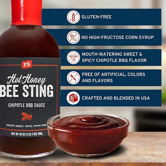 PS Seasoning Hot Honey Bee Sting Chipotle BBQ Sauce - All-Purpose Glaze, Marinade, Baste, and Dip - Sweet and Spicy Grilling Sauce for Chicken Wings, Pulled Pork, Salmon, and more