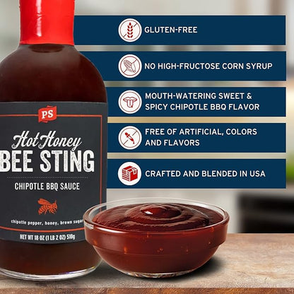 PS Seasoning Hot Honey Bee Sting Chipotle BBQ Sauce - All-Purpose Glaze, Marinade, Baste, and Dip - Sweet and Spicy Grilling Sauce for Chicken Wings, Pulled Pork, Salmon, and more