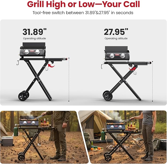 Laudlife 2 Burner Propane Gas Griddle with Removable Stand & Side Table, Converts to Tabletop, Non-Stick Enameled Cast Iron & 342 SQ.IN, Easy Cleanup, Folds Compact for Camping, Tailgating, Backyard