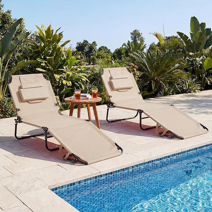 GYMAX Tanning Chair, Folding Lounge Chairs with Face Hole & Cover, Removable Pillow Carry Handle, Portable Compact Outdoor Layout Recliner for Beach, Poolside, Lawn, Patio, Camping (Sand,2)