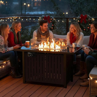 43 Inch Outdoor Propane Fire Pit Table 50,000 BTU, Rectangle Gas Fire Pit with Glass Wind Guard & Tempered Glass Top for Outside Patio & Backyard, Includes Rain Cover & Glass Beads