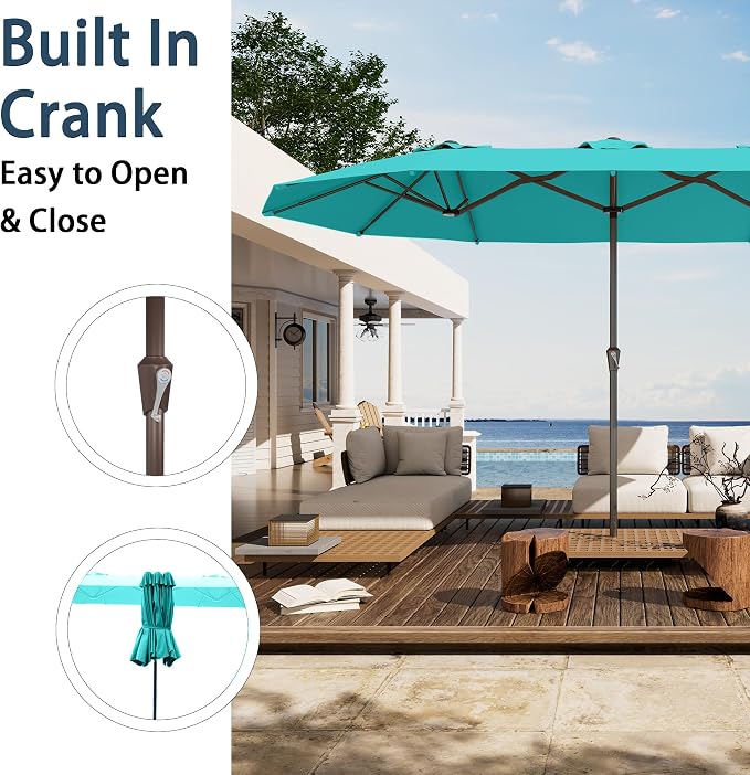PatioKingdom 15FT Large Patio Umbrella with Base, Double Sided Rectangular Outdoor Umbrella with Sturdy Fiberglass Ribs, Market Umbrella for Pool,Garden,Backyard,Deck (Peacock Blue, 15FT)