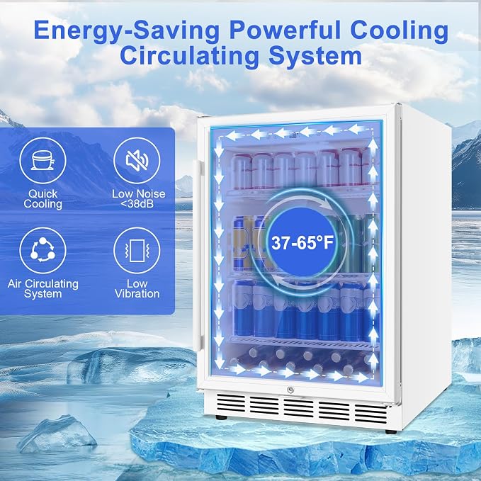 FoMup 24" Undercounter Beverage Refrigerator with Glass Door, 200-Can | Reversible door for flexible installation, Digital temperature control, safety lock, White finish, LED light