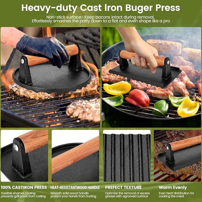 Blackstone Burger Press Set - 7" Round Smash Burger Press & 8"x4" Rectangle Cast Iron Grill Press with Wooden Handle - Smasher is Perfect for Blackstone Griddle, Pitboss Weber Griddle Grills