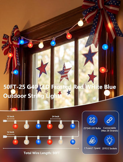 SUNSGNE Red White Blue 4th of July Patriotic Decorative Lights 50FT Outdoor String Lights with 27 G40 LED Bulbs(2 Spare) for Outdoor Indoor Holiday, Party, Independence Day Decor