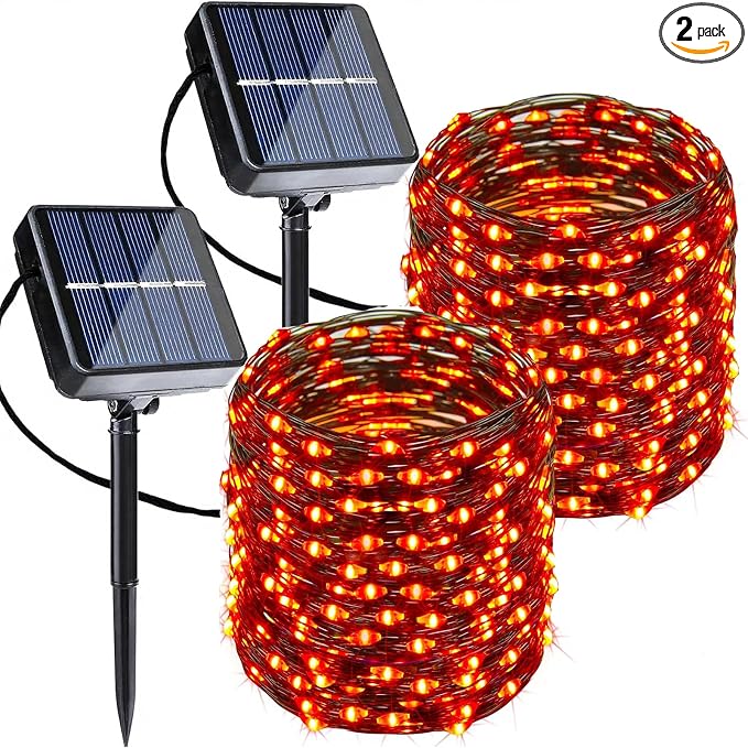 Joomer Orange Halloween Solar String Lights - 2 Pack Total 80FT 240LED | Solar Fairy Lights, Waterproof Outdoor Twinkle Lights with 8 Modes for Garden, Porch, Trees, Halloween Decor (Black Wire)