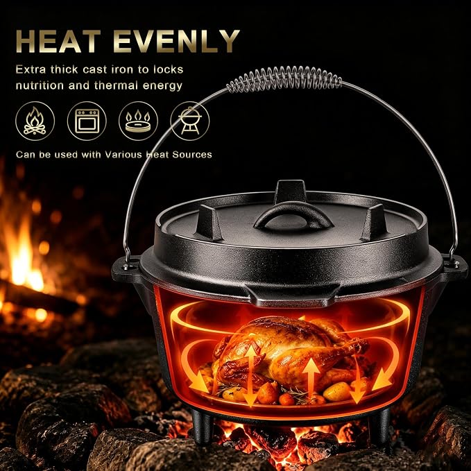 Joyfair Pre-seasoned Cast Iron Camp Dutch Oven, 5QT Pot & 2QT Skillet Lid | Open Fire Camping Cookware Set For Outdoor Campfire Cooking - Stewing Chicken,Baking Sourdough Bread, Plus Cleaner, Oven Safe