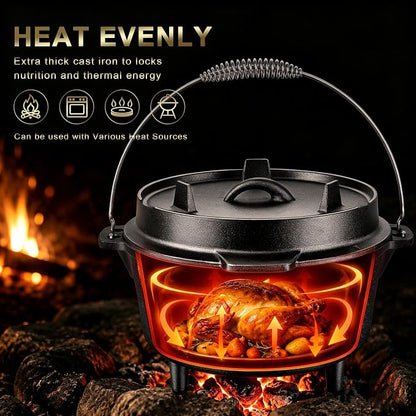 Joyfair Pre-seasoned Cast Iron Camp Dutch Oven, 5QT Pot & 2QT Skillet Lid | Open Fire Camping Cookware Set For Outdoor Campfire Cooking - Stewing Chicken,Baking Sourdough Bread, Plus Cleaner, Oven Safe