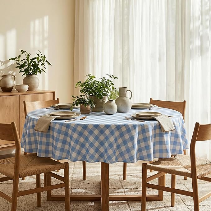 Waterproof Gingham Tablecloth, Checkered Fabric Table Cover for Kitchen Dining, Blue & White Plaid Table Cloth, Rectangle Table Cloth for Indoor Outdoor Use, 60" Round