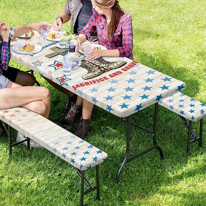 Memorial Day Outdoor Picnic Table Cover Cemetery Decorations Outdoor 3 PCS Set Fitted Picnic Table Cover for Outdoor Camping